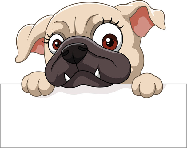 Vector illustration of Cute bulldog cartoon peeking behind the blank sign - ベクター画像