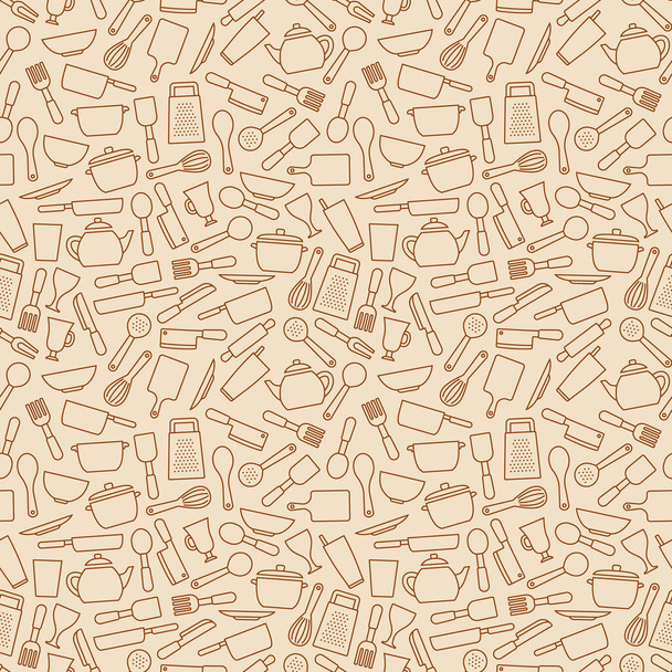 kitchen utensils kitchenware outline icon seamless pattern background - Vector, Image