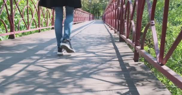 Siyah trençkotlu sırt çantalı yalnız bir kız parkta yaya köprüsü boyunca yürüyor. Arka görüş, geniş açı. Arka planda yeşil yapraklar var. Yüksek kalite 4k görüntü - Video, Çekim