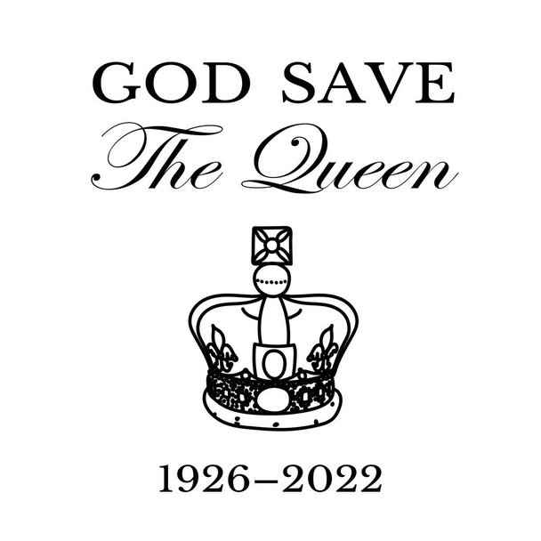 The Queens death. RIP, God save the Queen. Rest in peace poster with silhouette on flag background. Vector illustration for Her Majesty on her 96 years of service 1926 - 2022 - Вектор,изображение