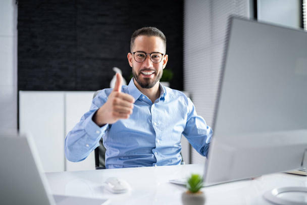Smile Businessman Showing Thumb Up Sitting At Computer - Photo, Image