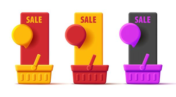 cesta de compras 3d com bolha preço tag e lugar para cópia promocional. Ilustração vetorial - Vetor, Imagem