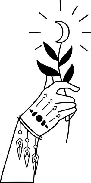 Hand Drawn hand holding flowers in boho style illustration isolated on background - Vetor, Imagem
