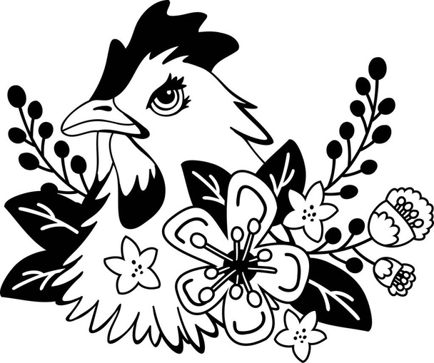 Hand Drawn chicken and flowers illustration isolated on background - Vector, imagen