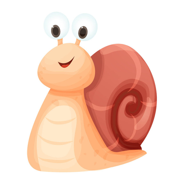 Snail funny cheerful and smiling character with shell in cartoon style isolated on white background. Cute character, positive emotion. Character slug. Vector illustration - Вектор,изображение