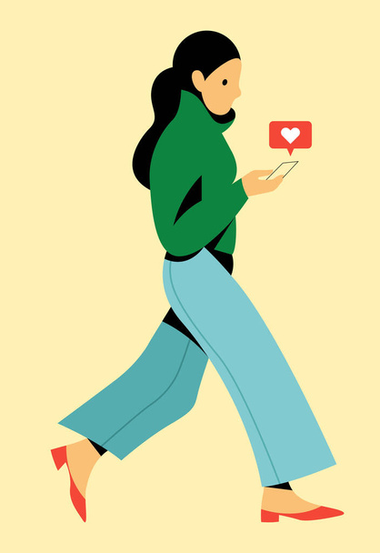 vector trendy flat design illustration of a beautiful girl in fashionable clothes walks down the street and monitors the social network, likes. useful for web, graphic design, print, postcards, poster - Vector, imagen