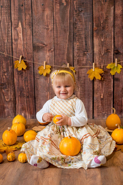 Little cute girl with orange pumpkins. Autumn mood. Halloween. - Valokuva, kuva