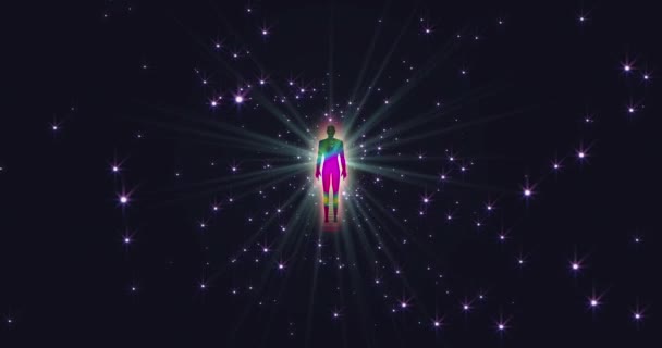 Eine 3D-Animation der Erleuchtung der vielfarbigen Energie der menschlichen Aura-Felder, die divergierende Muster um die meditierende Person herum bildet. Video für VJing. Hochwertiges 4k Filmmaterial - Filmmaterial, Video