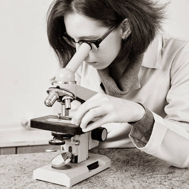 Vet female doctor doing test and using microscope - 写真・画像