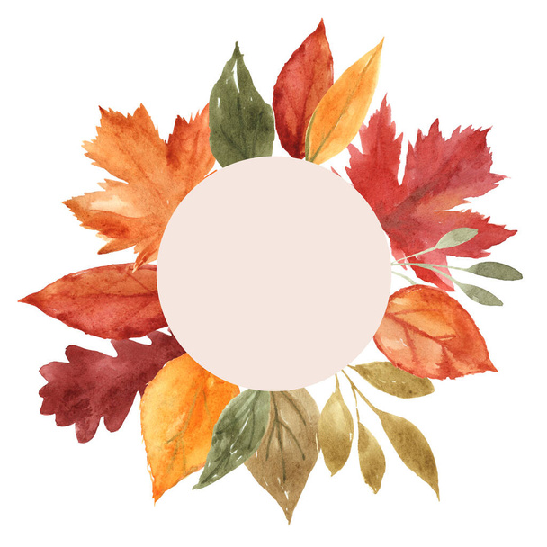 Akvarelový rám s podzimními listy a větvemi izolovanými na bílém pozadí. Podzimní ilustrace pro blahopřání, svatební pozvánky, citace a dekorace. - Fotografie, Obrázek