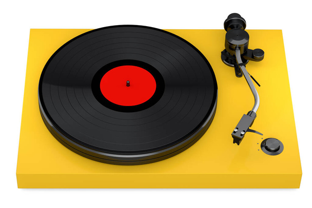 Vinyl record player or DJ turntable with retro vinyl disk on white background. 3d render of sound equipment and concept for sound entertainment. - Foto, Imagem