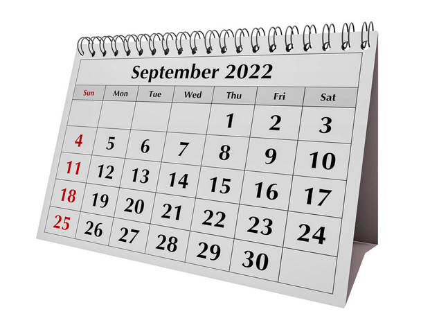 One page of the annual business desk monthly calendar. Date - month September 2022. 3d rendering - Foto, imagen