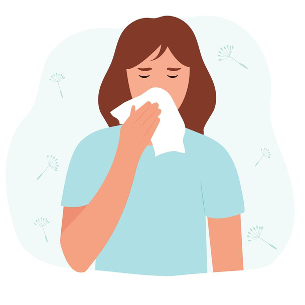 Woman with allergy.  Runny nose and watery eyes.Pretty girl or young woman is sneezing into a tissue . Vector illustration - Vector, imagen