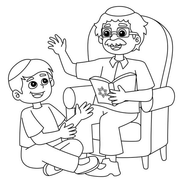 A cute and funny coloring page of a Hanukkah Grandfather Tells Stories. Provides hours of coloring fun for children. Color, this page is very easy. Suitable for little kids and toddlers. - Вектор,изображение