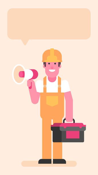 Builder holding megaphone and suitcase with tools. Flat people. Vector illustration - Вектор,изображение