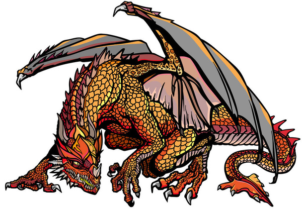 Western Dragon. Classic European mythological creature with bat-type wings. Sitting pose. Graphic style isolated vector illustration - Вектор, зображення