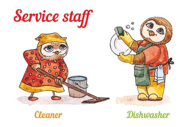 Owls and Dishwasher cleaner. Vector watercolor set. - Vector, Image