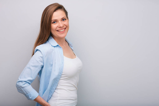 Profile smiling woman in blue white shirt isolated female portrait   - Photo, image