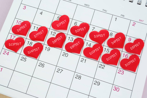 Text on red heart shape on calendar. Surviving the Two Week Wait when you're trying to conceive. IVF embryo transfer day 5. - Фото, изображение