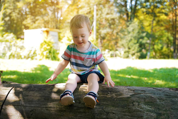 A cute little boy of one and a half years old sits on a log in the park in a summer sunny day. Happy smiling toddler. Selective focus - Foto, Bild