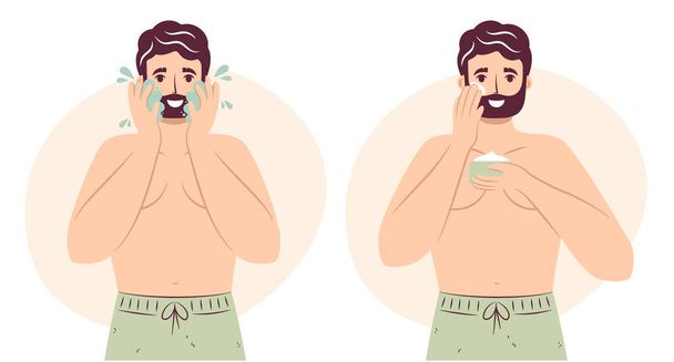 Skincare routine concept. Happy young man washes face with cleanser and soap and applying face moisturizing cream or lotion on cheek,, handsome bearded male enjoying skincare procedure. Men hygiene - Vetor, Imagem