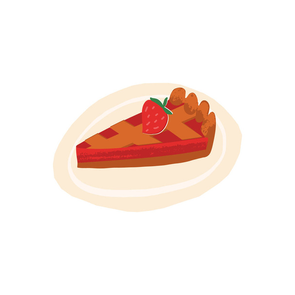 A piece of strawberry or fruit Grannys pie on a plate decorated with fresh strawberry. Traditional Fall American pastry, seasonal homemade cuisine. Cute retro style vector isolated illustration. - Διάνυσμα, εικόνα