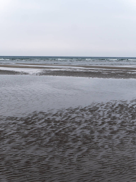 Arena húmeda en la orilla con marea baja en un día. Paisaje costero sombrío. La dura naturaleza del norte de Europa. La fría costa del Océano Atlántico. Playa de arena gris - Foto, imagen