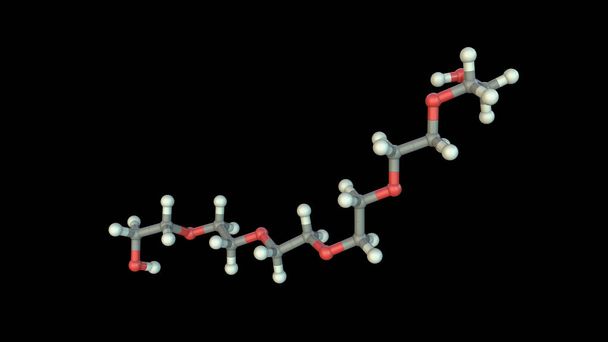 Glikol polietylenowy (PEG). Cząsteczka glikolu heksaetylenowego, ilustracja 3D. Związek polieterowy z wieloma zastosowaniami w medycynie, w tym wytwarzanie szczepionek przeciw COVID-19 zawierających lipind nanoparticle - Zdjęcie, obraz