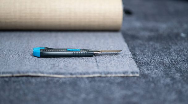 Nożyce do dywanów umieszczone na nowym dywanie. - Zdjęcie, obraz