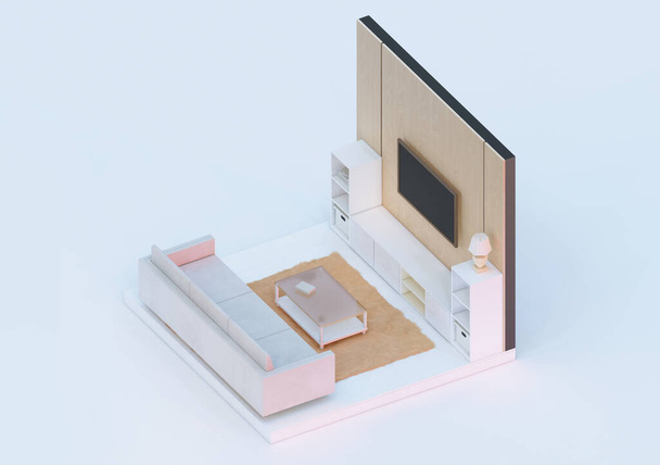 Vista isométrica de uma sala de estar 3d renderização plano chão ortográfico - Foto, Imagem