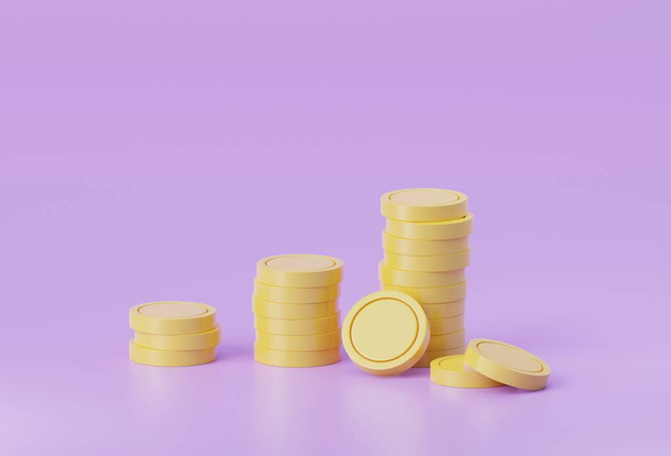 piles de pièces sur fond violet, concept d'investissement et d'augmentation des bénéfices. rendu 3D, illustration 3D - Photo, image