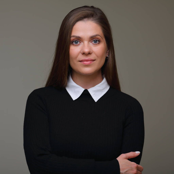 Strict teacher woman in black  suit with white collar, isolated female portrait. - Φωτογραφία, εικόνα