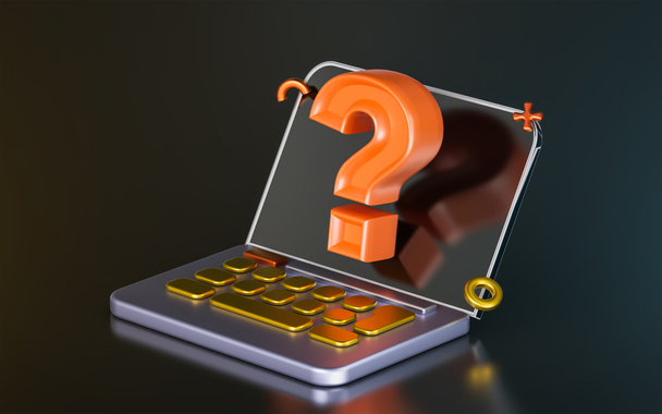laptop with question mark sign on black background 3d render concept confusion online data service - Photo, Image