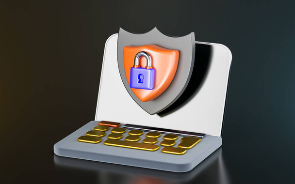 signo del ordenador portátil con candado escudo de seguridad en el fondo oscuro 3d renderizado concepto de protección - Foto, Imagen