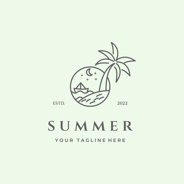 summer logo line art minimalist travel ocean wave palm tree vector - Vector, Image