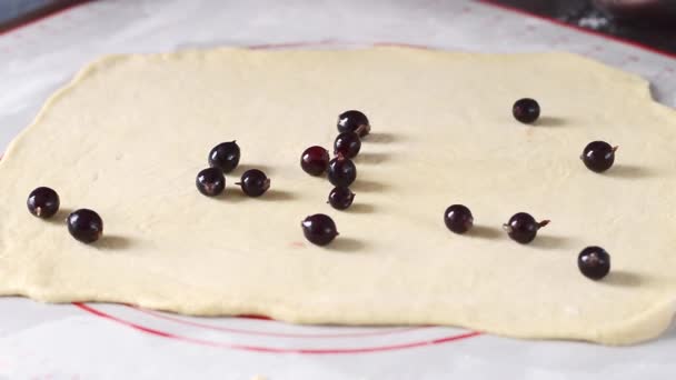 Una mujer extiende bayas maduras de grosella negra sobre una masa extendida. El proceso de hacer un pastel, otros pasteles de masa de levadura. Primer plano - Imágenes, Vídeo