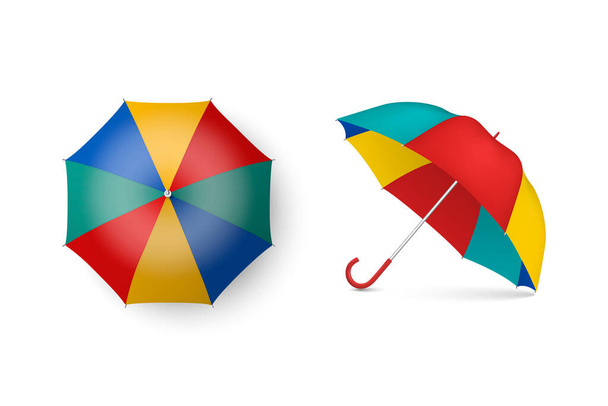 Векторный 3D-ретроспективный разноцветный зонтик Blank Umbrella Set Isolated on White Fone. Шаблон дизайна открытого зонтика, вид сверху и спереди. - Вектор,изображение