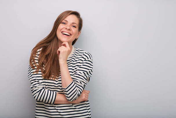 Laughing woman in striped shirt isolated portrait   - Foto, Imagem