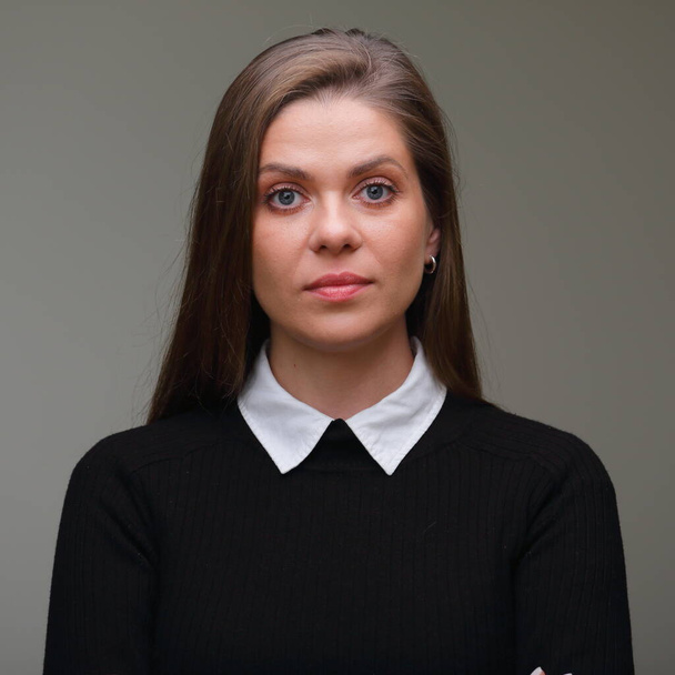 Strict teacher woman in black  suit with white collar, isolated female portrait. - Фото, зображення