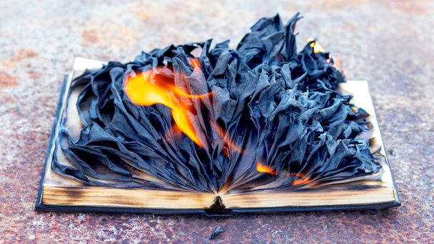 Обугленные страницы открытой книги, книга в огне - Фото, изображение
