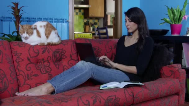 Frau arbeitet zu Hause mit Laptop und Handy - Filmmaterial, Video