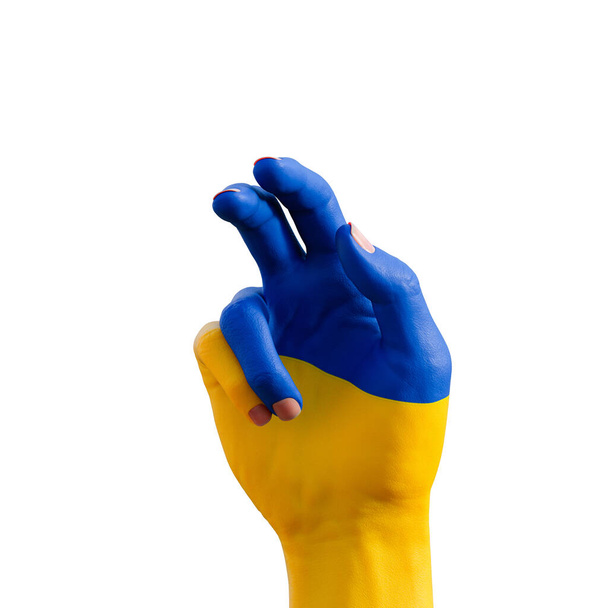 Ilustración 3d de gesto de mano con tatuaje de bandera ucraniana, comunicación y concepto de nación - Foto, imagen