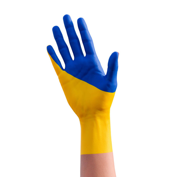 3d illustration of hand gesturing with ukrainian flag tattoo, communication and nation concept - Zdjęcie, obraz