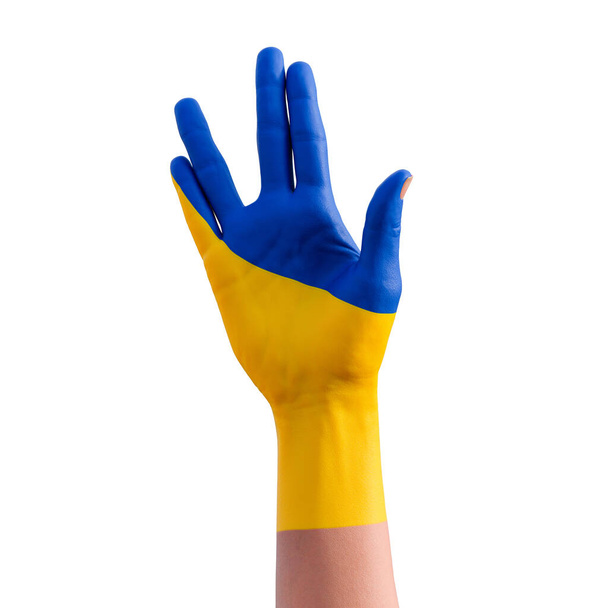 Ilustración 3d de gesto de mano con tatuaje de bandera ucraniana, comunicación y concepto de nación - Foto, imagen