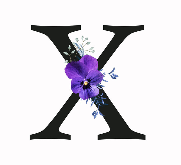 Capital letter X decorated with pansy flower and blue green leaves. Letter of the English alphabet with floral decoration. Floral letter. - Photo, Image