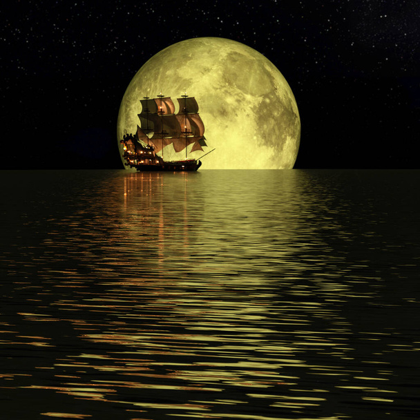 Velero pirata solitario en un océano tranquilo, luna amarilla llena y estrellas - representación 3d - Foto, Imagen