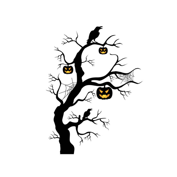 Halloween gruselige Silhouette Baum Vektorillustration. Monochrom böse gelockte Pflanze mit Spinnennetz, Rabe, Kürbis. Mythische Wälder mit Ästen - Vektor, Bild