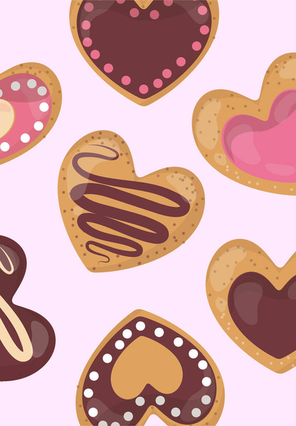Векторный набор различных печенье в виде сердец, покрытых шоколадом и розовой глазурью украшены - Вектор,изображение