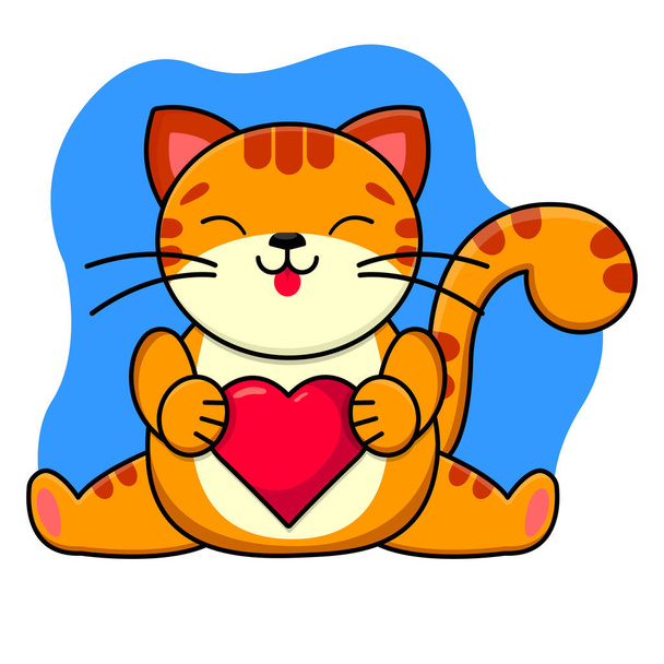 A ginger smiling cat holds a red heart in its paws. Childrens print. Vector illustration. - Vecteur, image