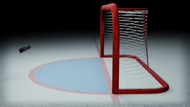 Hockey doelpunt. De puck vliegt in het doel op de ijsbaan. Sport concept geschikt voor weddenschappen promotie. - Video